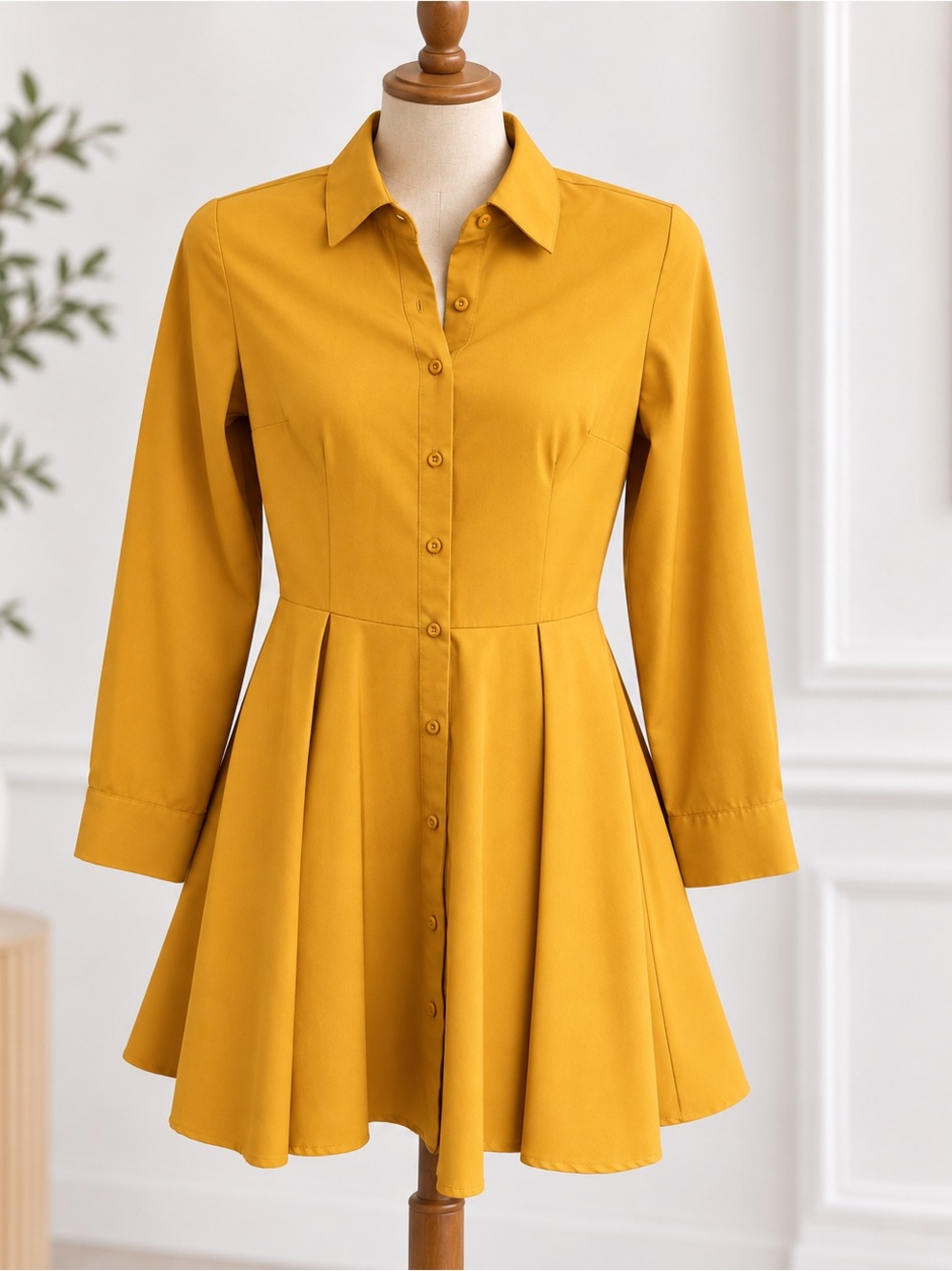 Mustard Long Sleeve Button-Front Fit and Flare Dress